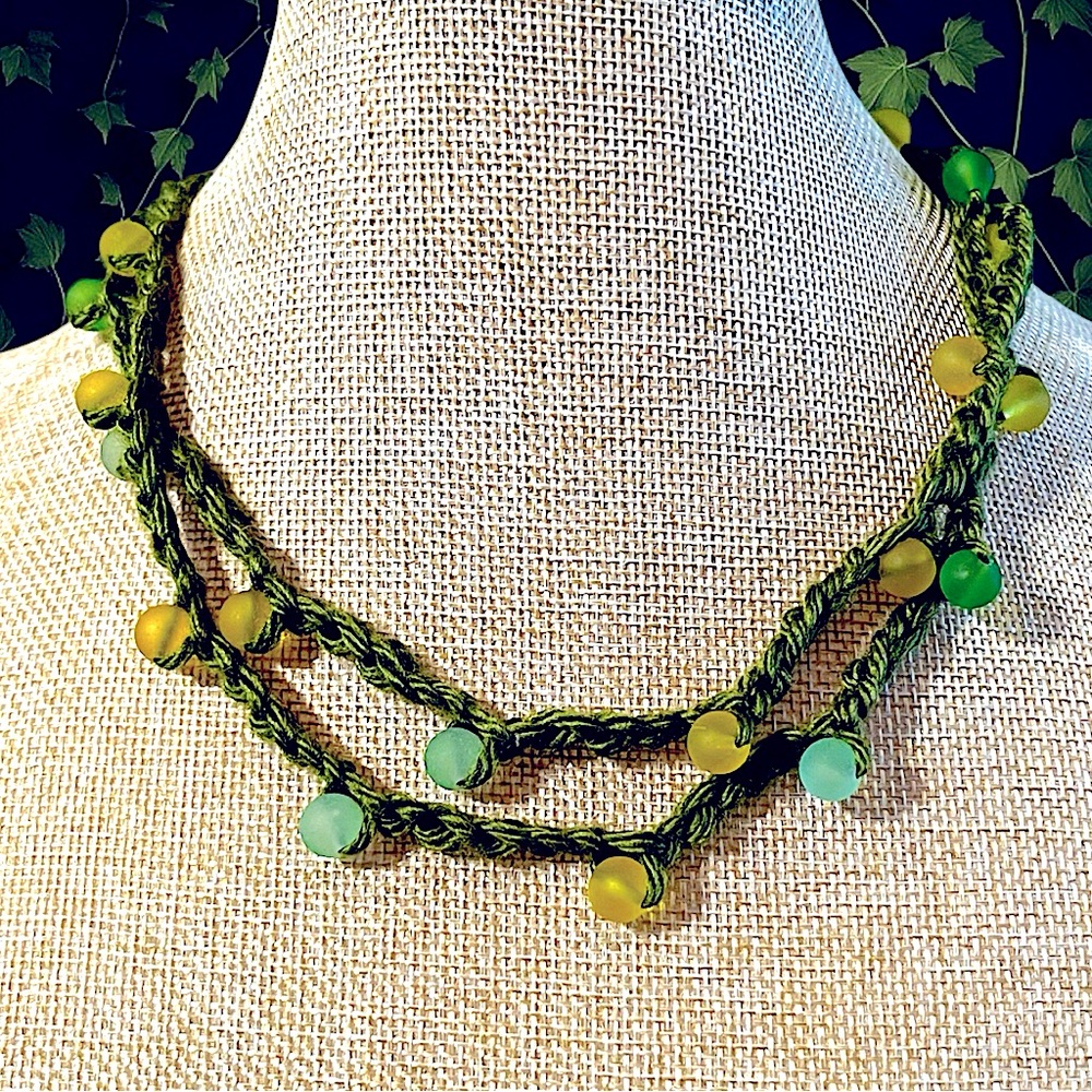 Handmade Whimsical Green Beaded Crochet Necklace